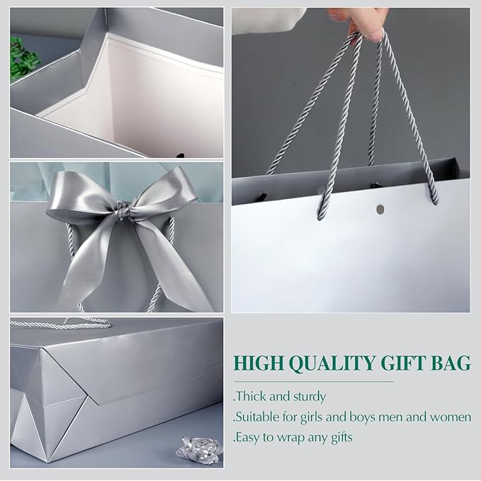 Large Gift Bags, 2PCS Gift Bags with Handle Tissue Paper Greeting Card, 13’’ Portable Birthday Gift Bag Set, Silver Present Bags for Birthday Party Favor Wedding Baby Shower Father’s Day, 13x10x4inch