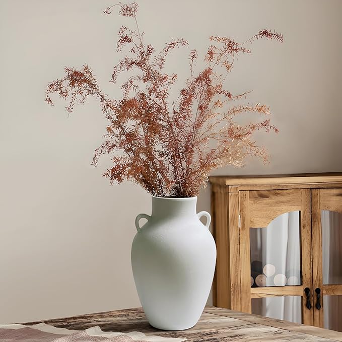 GeLive Matte White Ceramic Jar Vase with Dual Handles, Handmade 10 Inch Waterproof Rustic Farmhouse Pitcher Vase for Table Centerpiece, Flower Arrangement Home Decor