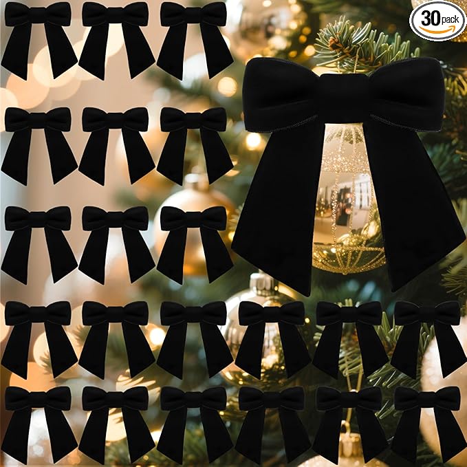 30 Pcs Velvet Ribbon Bows 5" x 4" Pre Tied Christmas Velvet Bows with Twist Tie for Gift Packaging Christmas Tree Wreaths Door Windows Wedding Party Decoration(Black)