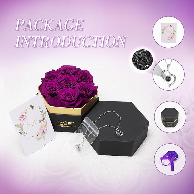 Preserved Roses Flowers for Delivery 7 Pcs, Forever Flores in a Box with Necklace, Eternal Rose Anniversary Birthday Gifts for Women Mom Wife Girlfriend, Rosas for Valentines Christmas, Purple