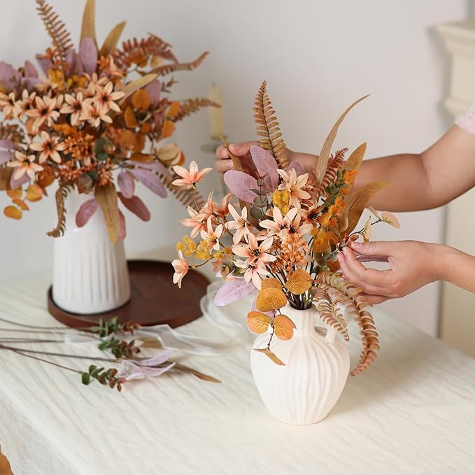 FOTEEWL 75 Pcs Artificial Greenery Stems Box Set,with 8 Kinds of Faux Plants and Fake Flowers for DIY Bridal Bouquets Wedding Floral Arrangement Table Centerpieces Fall Decoration (Orange)