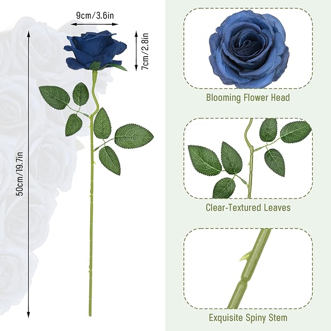 Waipfaru 16 Pcs Blue Roses Artificial Flowers, Long Stem Fake Roses, Silk Faux Flowers for Valentines Wedding Bouquet Vase Centerpiece Home Decor (Navy Blue)
