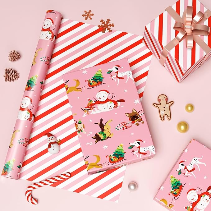 WERNNSAI Dog Christmas Wrapping Paper Roll - 1 Roll 17”x 33 ft Pink Dog Wrapping Paper Christmas for Kids Adults Reversible Red Candy Cane Stripe Gift Wrap for Xmas Winter Puppy Party Celebration