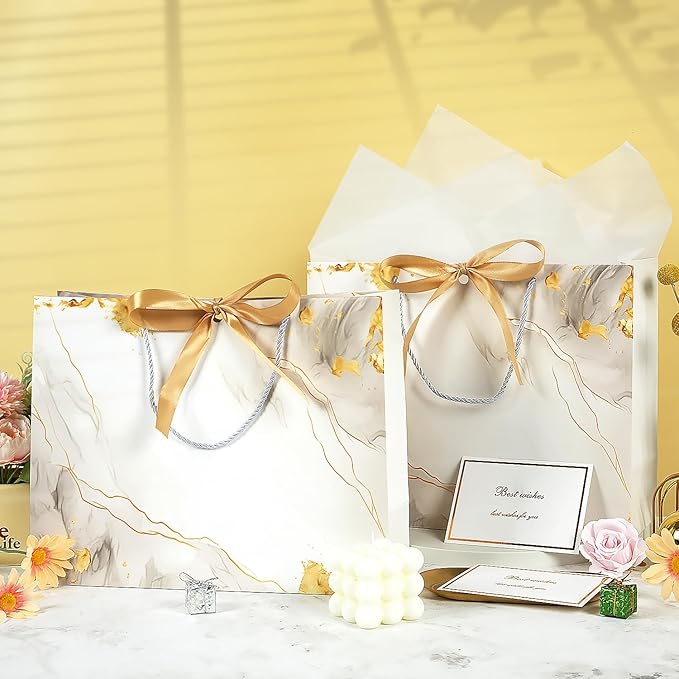 White Gold Gift Bags, 2PCS 13” Large Gift Bags with Tissue Paper and Greeting Cards, Gift Bag with Handles Bow for Women Girls, White Gift Bags for Birthday Wedding Bridal Baby Shower Anniversaries
