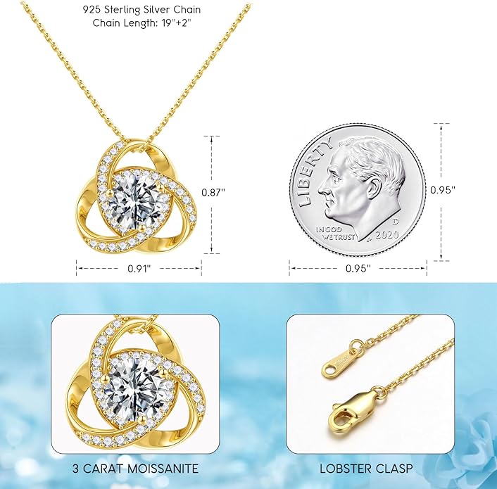 MOOSEA Love Knot Moissanite Necklace for Women, 1-3 ct D Color VVS1 Clarity 925 Sterling Silver Moissanite Pendant Necklace Anniversary Birthday Christmas Gifts for Women Wife Mom Girlfriend