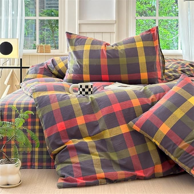 Multicolor Plaid Queen Size Comforter Set Modern Style Checkered Pattern Comforter Buffalo Grid Plaid Gingham Bedding Comforter Set for All Seasons Farmhouse Grid Bed Comforter with 2 Pillowcases
