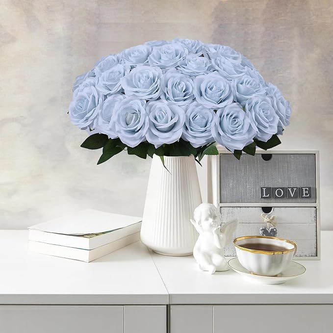 30 pcs Artificial Rose Flower Ice Blue Rose Flower with Long Stem Silk Roses Bouquet for Wedding Bridal Shower Party Home Decoration