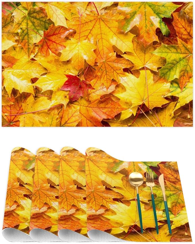Autumn Maple Leaf Fall Placemats Set of 6 PVC Vinyl Non Slip Table Mats Heat Resistant Place Mats Washable Wipeable Dining Table Mat for Kitchen Decor Party Indoor Outdoor Decorative Gift