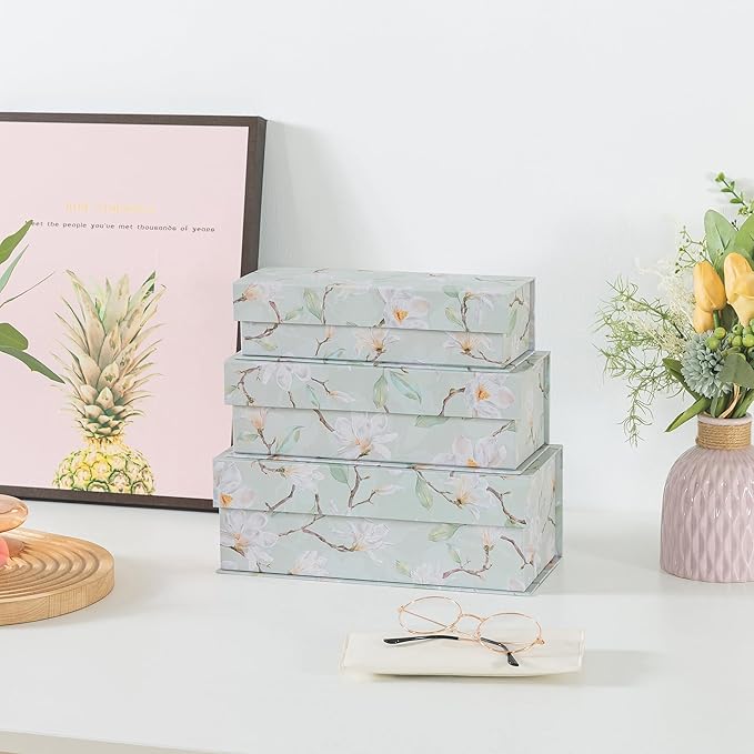 Soul & Lane Decorative Storage Boxes with Lids, Set of 3 Cardboard Boxes for Home Décor and Documents, Memory Organizers for Keepsakes with Magnetic Closure, Photo Storage, Ethereal Blossom