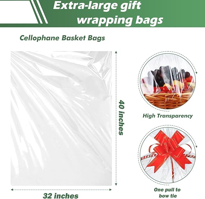 100 Packs 32 x 40 inhces Extra-large Gift Wrap Cellophane Bags for Basket Jumbo Clear Cellophane Wraps Clear Huge Cello Bags for Basket, Gift, Christmas Tree, Treat, Art and Craft, 100ct Red Ribbon Bows