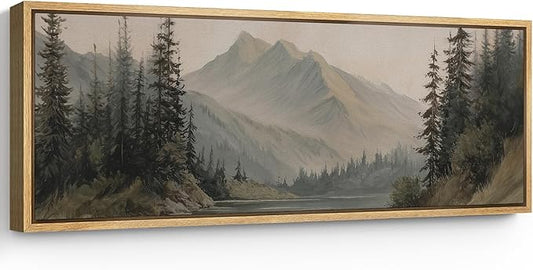 SIGNFORD Large Framed Canvas Print Wall Art Mountain Forest Landscape Misty Pine Trees and Lake Scene Illustrations Modern Art Relax/Calm Warm for Living Room, Bedroom, Office - 60"x20"
