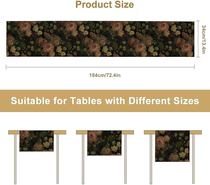 Vintage Floral Table Runner,Pink Flowers Rose Gothic Print Table Runner for Home Kitchen Table Dining Indoor Outdoor Party Decor 13x90 Inch