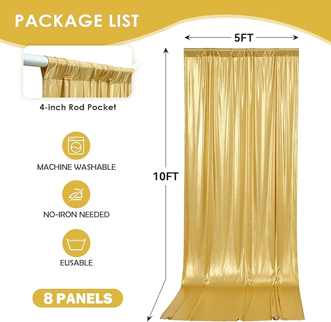 gogoparti 40x10FT Gold Sequin Backdrop Curtain - 8 Panels of 5x10FT Wrinkle-Free Glitter Drapes for Photography, Birthdays, Weddings & Graduations