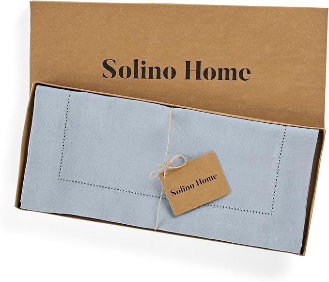 Solino Home Linen Table Runner 120 Inches Long - 100% Pure Linen Dusty Blue Table Runner 14 x 120 Inch for Winter, Spring, Easter - Classic Hemstitch