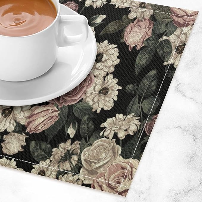 Floral Placemats Set of 8, 17x12 Inch Vintage White Pink Rose Flower Spring Plant Boho Art Print Table Mats for Home Party Kitchen Dining Decor
