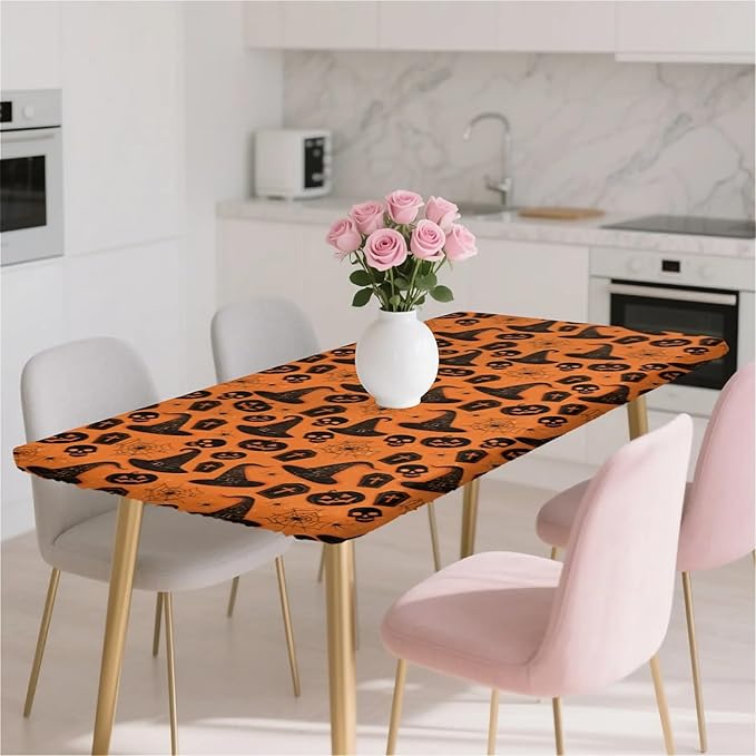 Rectangle Table Cloth Cover Waterproof Elastic Fitted Polyester Fitted Tablecloths for 4 Foot Tables for Indoor,Picnic, Camping, Outdoor （48" x 24"，Halloween Tablecloth）