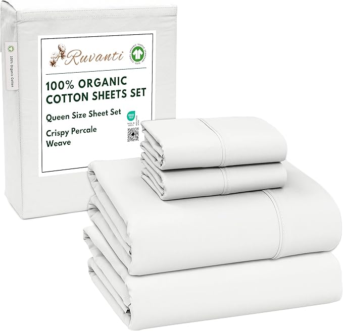 RUVANTI 100% Organic Cotton Sheets Queen Size, Percale Weave, GOTS Certified, 4-Piece Set, Deep Pocket 15", Crisp & Breathable, Soft Durable Bedding, Sábanas Algodón Orgánico – Bit of Blue