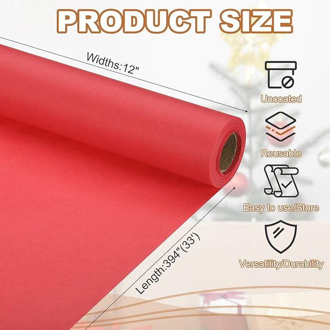 PATIKIL Wrapping Paper, 12" x 394"(33') 70 GSM Craft Paper Roll Kraft Packing Paper for Poster Bulletin Board, Gift Wrapping, Bright Red
