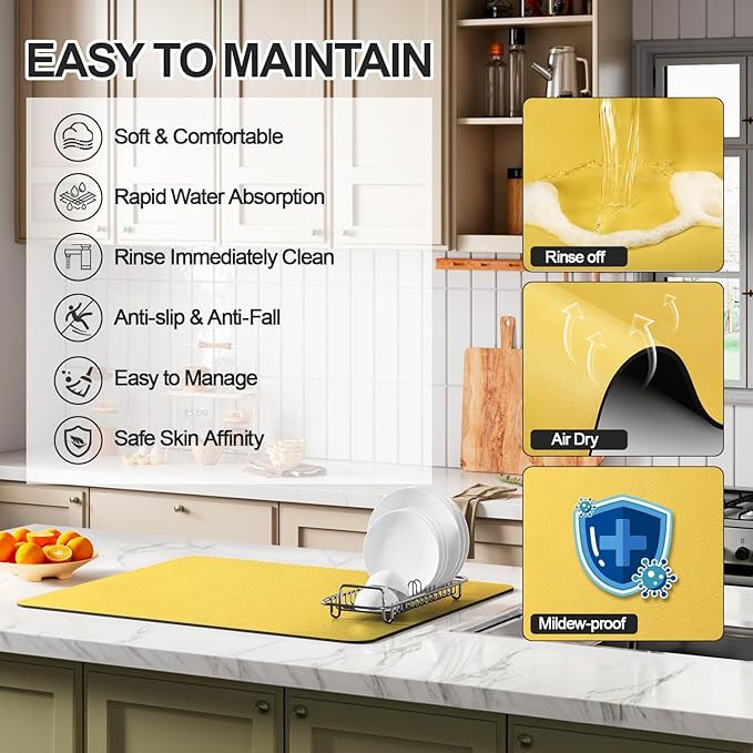 Dish Drying Mat for Kitchen Counter | Coffee Bar Mat for Countertops | Heat Resistant Drainer Mat with Non-slip Rubber Backed | Hide Stain Kitchen Absorbent Draining Mat | Yellow 16"x24"