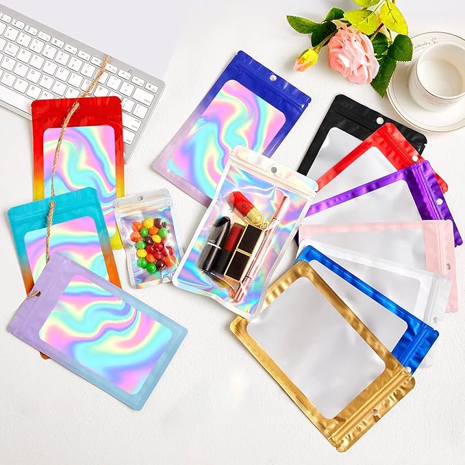 400 Pack 4 Size Bags with Clear Window,Scratch Resistant Hand Holographic Packaging Pouch,Resealable Bag for Small Bussiness Cookies Jewelry Candy Sample (Pink Blue, 2.4×3.9,3x4.7,4×7,5.5×7.9 inch)
