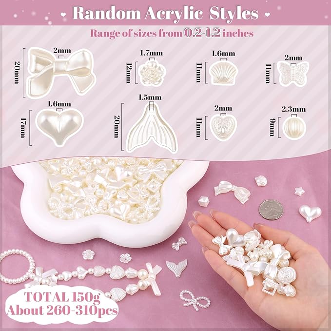Assorted Acrylic Beads, 260-310PCS Mix ABS Imitation Pearl Cute Beads for Bracelet Making, Bow Flower Kawaii Charms for Jewelry Making DIY Necklace Keychain Phone Charm Christmas Gift