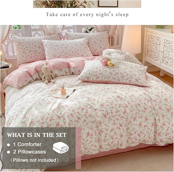 VM VOUGEMARKET Pink Flower Comforter Set Full - Cute Floral Bedding Sets for Girls Women,3 Pieces,1 Soft Lightweight Botanical Flowers Comforter with 2 Pillowcases