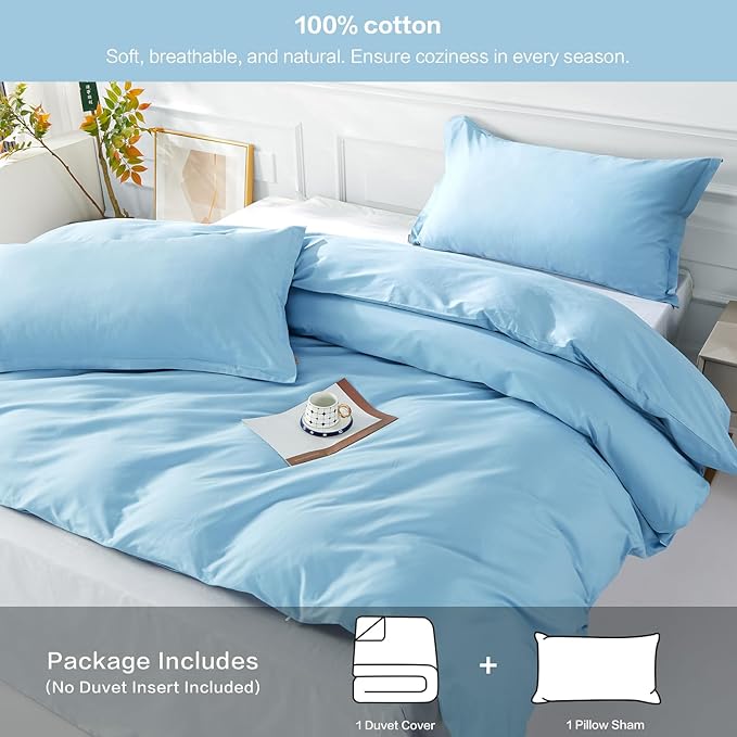 SAPHREAS Blue Duvet Cover Twin Size 2 Pieces Extra Soft Bedding Set, Includes 1 100% Cotton Duvet Cover 68"x90" with Zipper Closure & 1 Pillow Sham, Comforter Not Included
