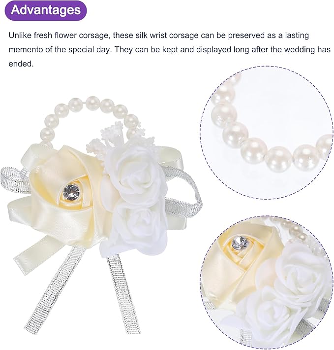 MECCANIXITY 12Pcs Wrist Corsage Artificial Flower Bracelets Rose Wrist Bride Groom Decorative for Wedding Ceremony Prom Party Anniversary Cream