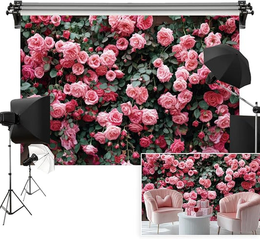 12x6ft Pink Flower Wall Backdrop Roses Floral Background Spring Tea Party Photography Banner for Wedding Birthday Bridal Shower Mother's Day Women's Day Valentine's Day Princess Portraits