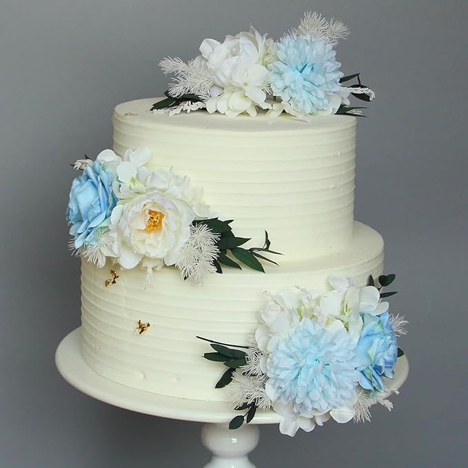 Rinlong 3Pcs Pre-made Baby Blue Cake Decorating Flowers Cake Toppers Cake Decorations Wedding Decor Birthday Bridal Shower Cake Topper
