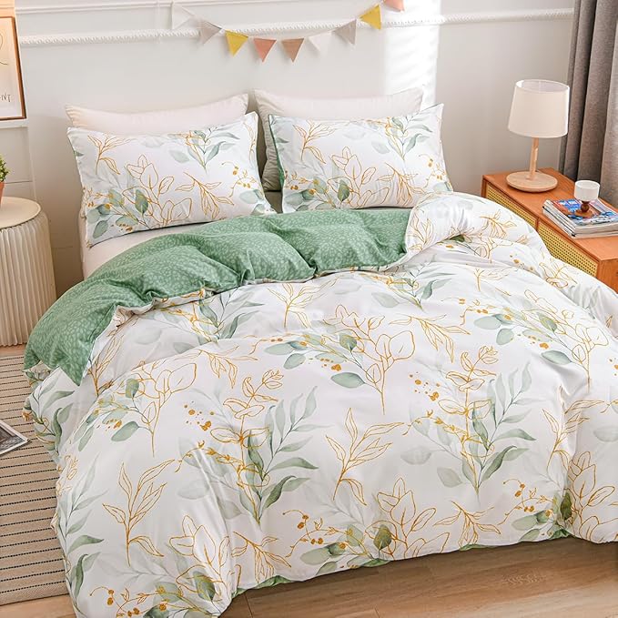 Nayoroom White Floral Duvet Cover Queen Size Green Gold Leaves Printed Reversible Botanical Comforter Cover 3 Pieces Soft Breathable Microfiber Cottagecore Bedding Set with Zipper Closure