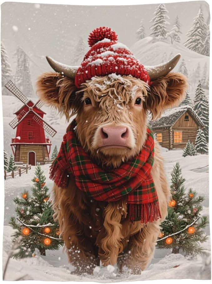 Highland Cow Blanket Christmas Cattle Throw Blanket Winter Snow Soft Cozy Fleece Fuzzy Stuffed Plush Farm Animal Flannel Gifts for Girls Women Boys Kids Adults 50"X60"