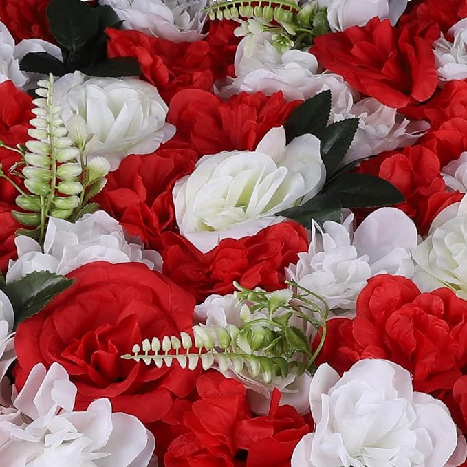 12PCS Flower Wall Panels, 3D Silk Floral Wall Backdrop, Realistic Red Rose Flower Backplanes, Roll Up Fake Flower Background for Valentines Wedding Party Home Decoration
