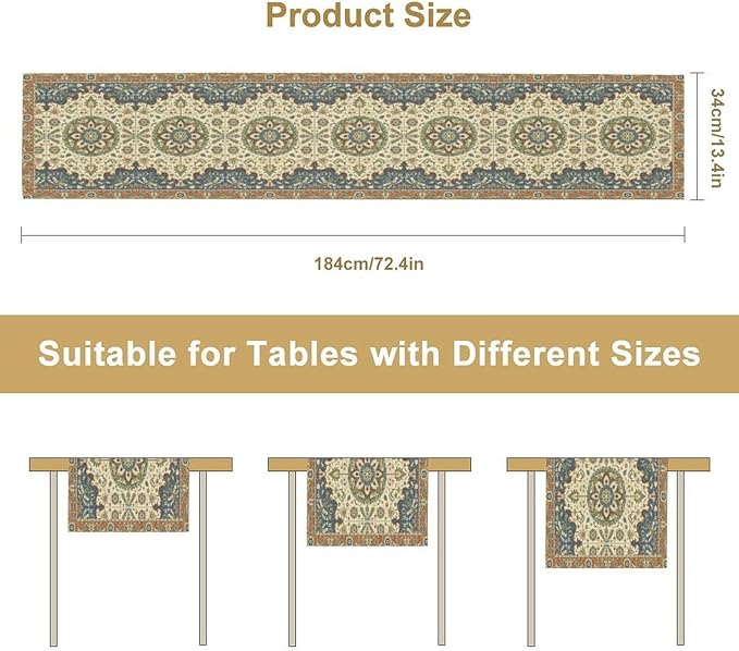 Boho Bohemian Table Tunner, Vintage Neutral Traditional Mandala Floral Blue Beige Medallion Table Runner for Kitchen Dining Outdoor Indoor Home Decor, 13x120 Inch