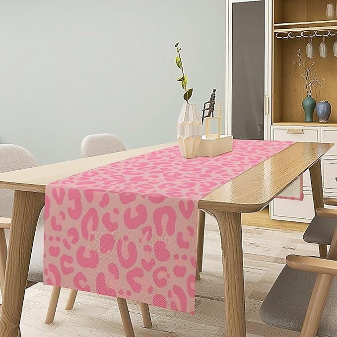 Pink Leopard Print Table Runner, Vintage Animal Skin Farmhouse Cottage Country Western Wildlife Safari Dinner Runner for Kitchen Dining Table Party Holiday Decor 13x60in