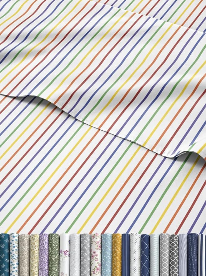 Rainbow Striped Sheet Set - Colorful Striped Bed Set - 1 Flat & 1 Fitted Sheet & 2 Pillowcases w/ Deep Pockets - Wrinkle & Fade Resistant - Soft, Breathable and Cooling - Rainbow Bedding - Full Size