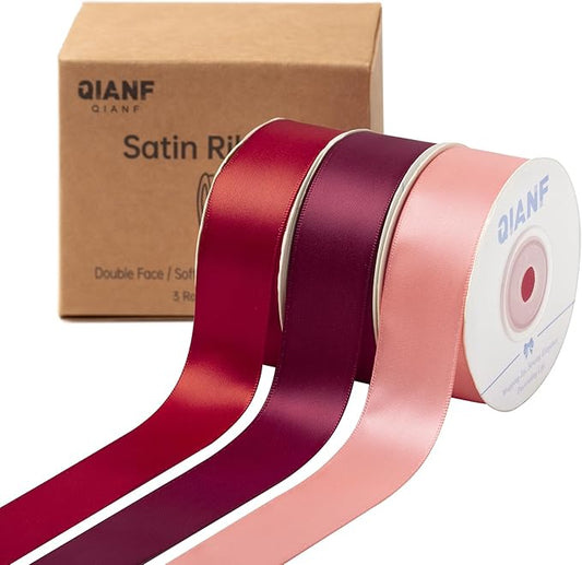 Burgundy Double Face Satin Ribbon 1 Inch x 45 Yards Wine Red Coral Pink Fabric Ribbon for Gift Wrapping, Flower Bouquets, Bows Making, Wedding Decor, Invitation Cards, Christmas (3 Rolls *15Yd)