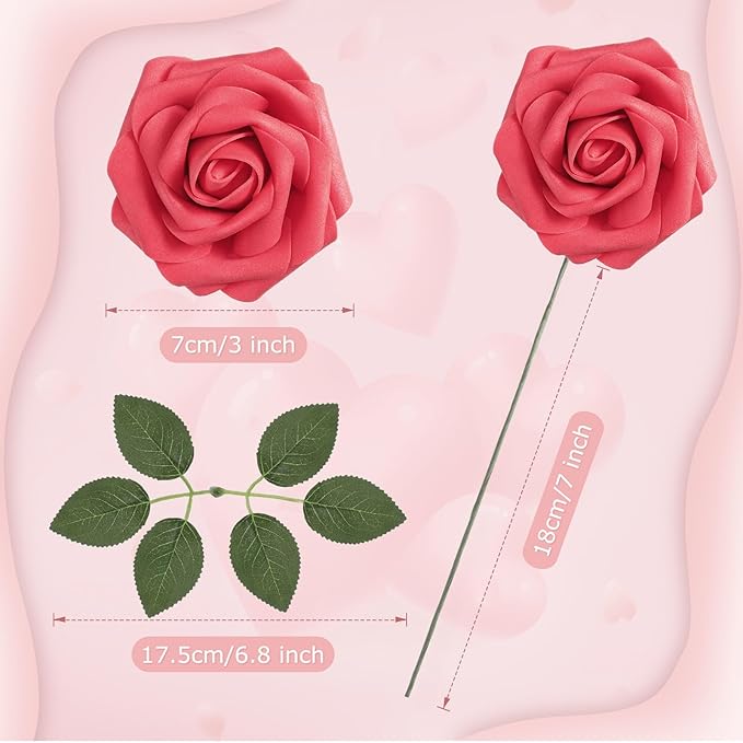 100 Pieces Artificial Foam Rose Flowers Faux Bouquet with Leaves and Stems for DIY Wedding Bouquets Centerpieces Bridal Shower Party Valentine Home Decorations(Red)