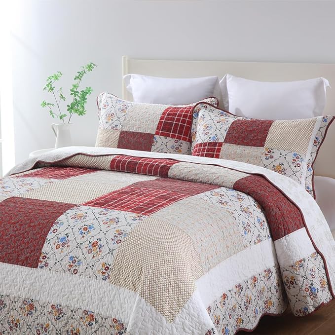 Cotton Bedspread Quilt Bedding Sets 3 Pieces Reversible Coverlet Sets Comforters Vintage Red White Rose Floral Patchwork Bedspread, Queen Size