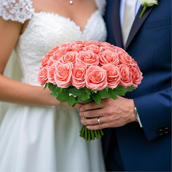 30pcs Artificial Rose Flower Coral Peach Flower with Long Stem Silk Roses Bouquet for Wedding Bridal Shower Party Home Decoration