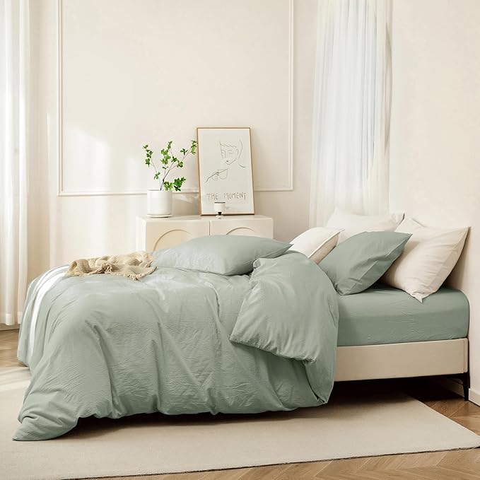 JIYUAN 100% Washed Cotton Duvet Cover Set 3 Pieces Queen, 1 Duvet Cover 90x90 Inches(Comforter Not Included) and 2 Pillowcases,Linen Feel Bedding Set Comfy and Breathable, Heathered Sage Green