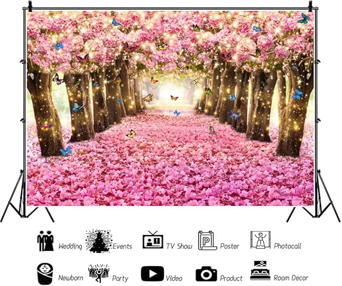 Renaiss 12x10ft Pink Cherry Blossom Backdrop Fairy Tale Romantic Pink Flowers Tree Butterfly Floral Petal Falling Boulevard Photography Background for Wedding Newborn Party Decor Photo Props