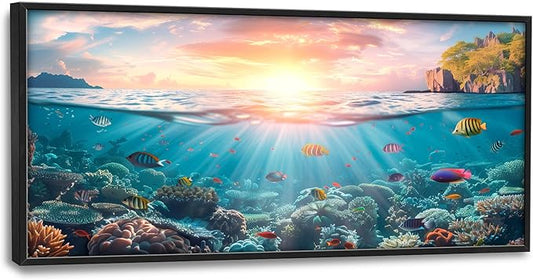 Ocean Fish Large Wall Art Framed Wall Decor for Living Room, Ocean Sunset Pictures Oversized Canvas Print Painting Modern Extra Large Framed Artwork for Bedroom Office Home Decor 60"x30"