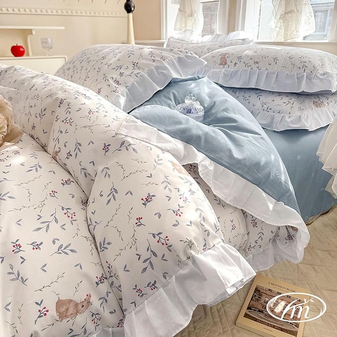 VM VOUGEMARKET Kids Comforter Set Full with Ruffles Botanical Rabbit Prints Bed Comforter with 2 Pillow Shams Lightweight Farmhouse Flower Quilt Set(3pcs,Full)