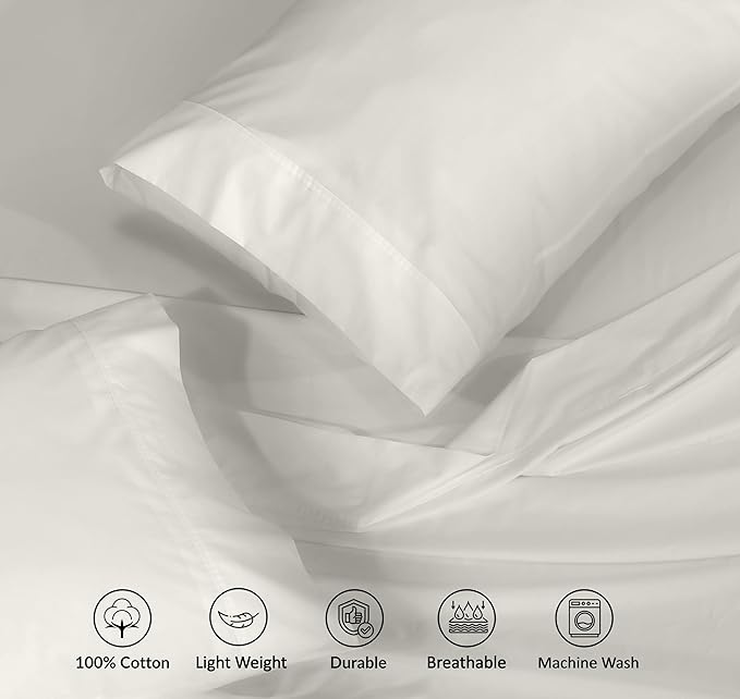 RUVANTI 100% Cotton Split King Sheets Sets for Adjustable Bed, 5 PCs, Soft & Breathable Percale Weave Bedding, Deep Pocket 16", Hotel Standard, Crisp Cool Feel & Durable, Dyed Sheet, Ivory