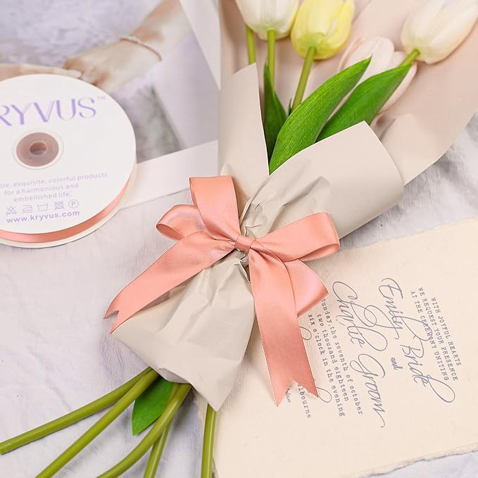 Peach Satin Ribbon, Double Faced 1 Inch X 50 Yards Peach Ribbon, Premium Satin Ribbons for Gift Wrapping, Crafts, Hair Bow Making, Sewing, Flower Bouquet, Wedding Party Decor