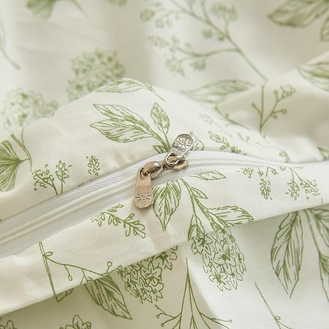 Vintage Boho Floral Duvet Cover Queen White Green Floral Print Bedding Set Cotton Botanical Floral Comforter Cover Garden Flowers Aesthetic Bedding Cover Boho Style Queen Duvet Cover with Zipper Ties