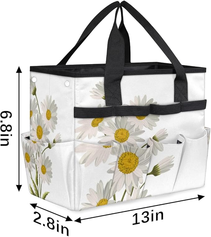 Floral Flower Daisy Garden Tool Tote Bag for Women Men Gardening Tool Storage Bags with 10 Pockets Standable Garden Home Tool Kits Organizer for Indoor Outdoor Gardening Gifts