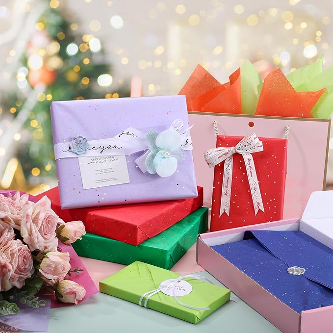 woric 135 Sheets Glitter Tissue Paper for Gift Bags 20 x 14 Inch Colored Tissue Paper Bulk for Art DIY Crafts Gift Wrapping Christmas Wedding Birthday Holiday Decor
