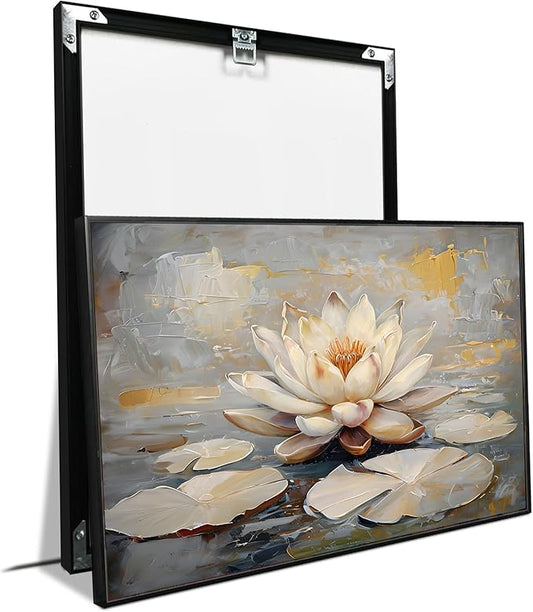 Ethereal white lotus floating on Crystal Waters poster vintage oil painting printwall art soft blush and gold accents serene home and office decor dreamy 12x18in Metal blackFramed